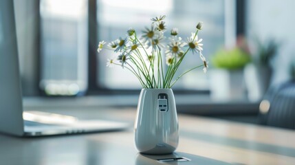 Poster - A flower vase with a USB port and digital flowers growing out of it, placed on a sleek office desk, symbolizing the fusion of nature and technology in modern workplaces