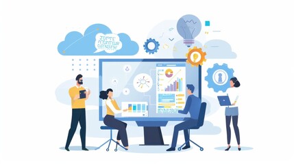 Poster - A group of colleagues collaborating on a project using cloud-based software, Cloud computing scene, Collaborative style