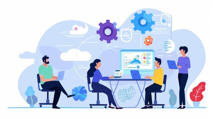 Poster - A group of colleagues collaborating on a project using cloud-based software, Cloud computing scene, Collaborative style