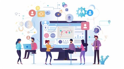 Poster - A group of colleagues collaborating on a project using cloud-based software, Cloud computing scene, Collaborative style