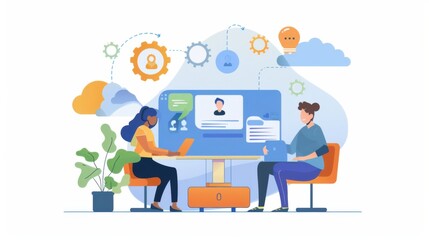 Poster - A group of colleagues collaborating on a project using cloud-based software, Cloud computing scene, Collaborative style