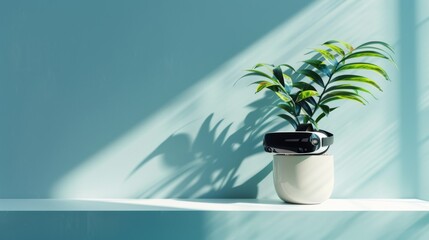 Poster - A houseplant with virtual reality glasses on its pot, placed on a sleek, modern shelf
