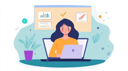 Poster - Woman Working on Laptop with Business Charts