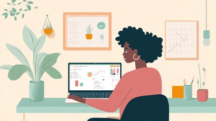 Poster - Woman Working From Home Analyzes Data On Laptop