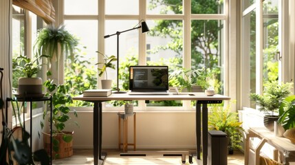 Aufkleber - A minimalist home office setup with a standing desk, potted plants, and a large window overlooking a garden