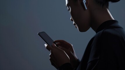 Poster - A minimalist tech setup with a person wearing wireless earbuds and using a sleek tablet, with a clean background and subtle lighting, Digital lifestyle scene