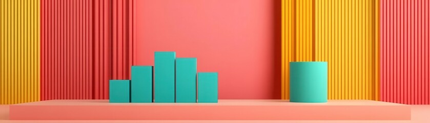 Poster - A vibrant abstract scene featuring geometric shapes in turquoise against a colorful striped background of pink, orange, and yellow.