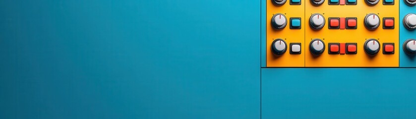 Poster - A vibrant teal background featuring colorful buttons and knobs, suggesting a control panel or device interface.