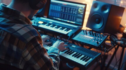 Poster - A musician composing music with digital instruments and software in a home studio setup, symbolizing creativity and production in digital music creation, Contemporary lifestyle scene