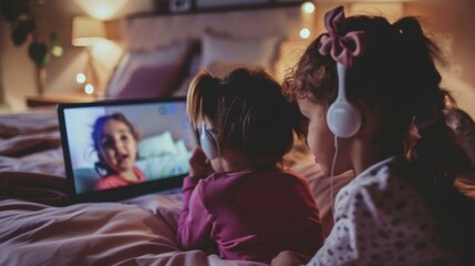 Aufkleber - A parent reading a bedtime story to children via video call, symbolizing modern parenting and distance communication, Contemporary lifestyle scene