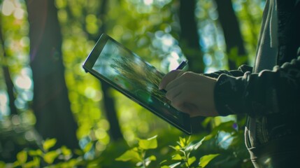 Poster - A person creating a digital art piece on a tablet in a park, symbolizing the fusion of nature and technology in creative expression, Digital art in park scene