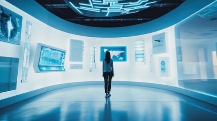 Poster - A person exploring a futuristic museum with interactive exhibits, symbolizing cultural exploration in a digital age, Contemporary lifestyle scene