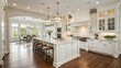 © Theerawat - Elegant White Kitchen with Island and Hardwood Floors, Sunlit Dining Area View