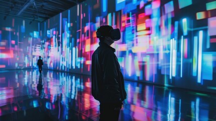 Aufkleber - A person exploring augmented reality art installations in a modern museum, symbolizing creativity and technology in cultural experiences, Contemporary lifestyle scene