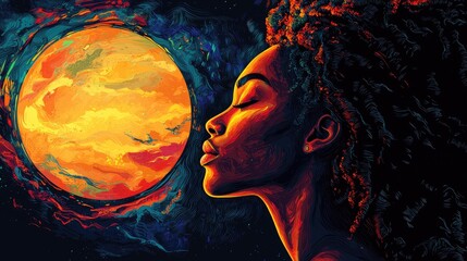 woman gazing at celestial orb.