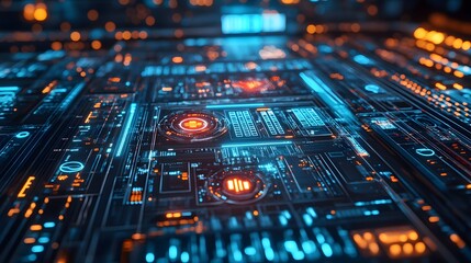 Poster - An AI-driven machine with sharp 3D details, layered with 2D holographic indicators of processing data. 4k resolution, Cinematic Scene