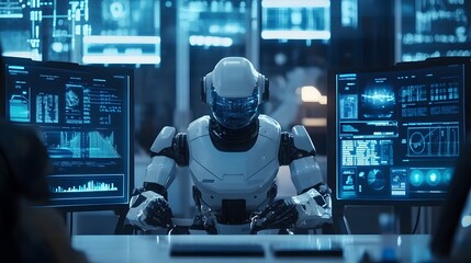 Aufkleber - A futuristic lab with a 3D robot in the center, integrated with 2D floating data screens and holograms. 4k resolution, Cinematic Scene