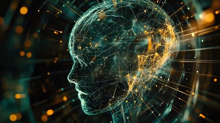 Aufkleber - A 3D-rendered digital brain with neural connections, layered over a 2D abstract matrix. 4k resolution, Cinematic Scene