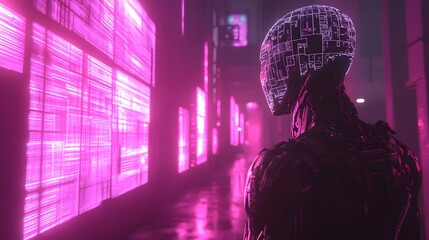 Poster - A humanoid AI figure in 3D detail, with 2D digital projections symbolizing data transfer and learning. 4k resolution, Cinematic Scene