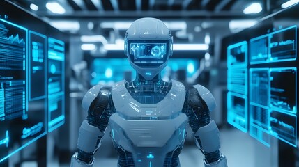 Poster - A futuristic lab with a 3D robot in the center, integrated with 2D floating data screens and holograms. 4k resolution, Cinematic Scene