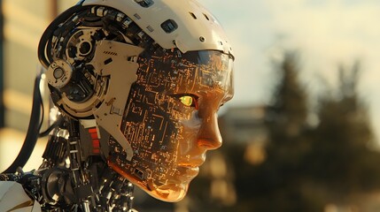Poster - An AI humanoid with a transparent 3D head showing circuits, with a 2D digital world around it. 4k resolution, Cinematic Scene