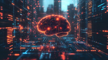Poster - A digital 3D brain surrounded by a 2D illustration of flowing data and binary codes. 4k resolution, Cinematic Scene