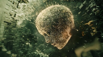 Poster - A digital 3D brain surrounded by a 2D illustration of flowing data and binary codes. 4k resolution, Cinematic Scene