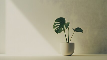 Poster - A simple, single-leaf plant in a plain white pot, set against a light background, showcasing the beauty of minimalism in editorial style. Cinematic Scene, 4k resolution, cinematic scene