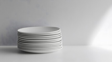 Poster - A stack of simple, white ceramic plates on a light surface, each edge captured with precision to emphasize clean minimalism. Cinematic Scene, 4k resolution, cinematic scene