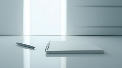 Poster - A clean, modern workspace with a single notebook and pen on a plain white surface, embodying a minimalist editorial look. Cinematic Scene, 4k resolution, cinematic scene
