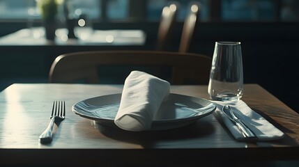 Poster - A minimalist table setup with a single, neatly folded cloth napkin, embodying editorial simplicity in sharp detail. Cinematic Scene, 4k resolution, cinematic scene