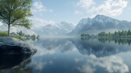 Poster - A hyperrealistic image of a serene lake with mountains reflected on its glassy surface, capturing sharp details of the trees and sky. Cinematic Scene, 4k resolution, cinematic scene