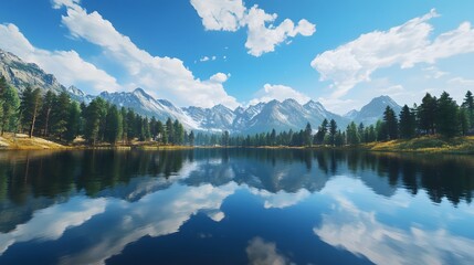 Poster - A hyperrealistic image of a serene lake with mountains reflected on its glassy surface, capturing sharp details of the trees and sky. Cinematic Scene, 4k resolution, cinematic scene