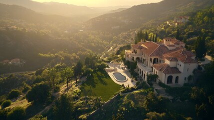 Poster - An aerial shot of a luxury estate on a hillside with expansive views of the valley below, showing both natural beauty and architectural detail. Cinematic Scene, 4k resolution, cinematic scene