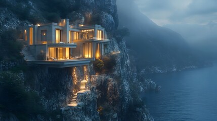 Poster - A luxurious villa perched on a cliffside with panoramic ocean views, each window and stone rendered in sharp detail. Cinematic Scene, 4k resolution, cinematic scene