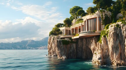 Poster - A luxurious villa perched on a cliffside with panoramic ocean views, each window and stone rendered in sharp detail. Cinematic Scene, 4k resolution, cinematic scene