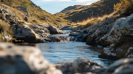 Poster - A detailed shot of a river winding through a mountain valley, with sharp details of rocks and flowing water. Cinematic Scene, 4k resolution, cinematic scene