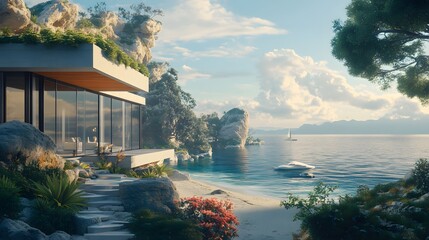 Poster - A coastal villa with large windows overlooking a private beach, showcasing the natural beauty of the setting in sharp detail. Cinematic Scene, 4k resolution, cinematic scene