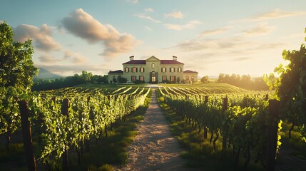 Poster - A lush vineyard estate with rows of grapevines leading to a grand mansion, captured with true-to-life detail. Cinematic Scene, 4k resolution, cinematic scene