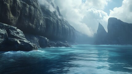 Poster - A high-resolution shot of rocky cliffs meeting the ocean, with sharp detail on every rock and wave. Cinematic Scene, 4k resolution, cinematic scene