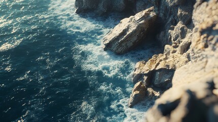 Poster - A high-resolution shot of rocky cliffs meeting the ocean, with sharp detail on every rock and wave. Cinematic Scene, 4k resolution, cinematic scene