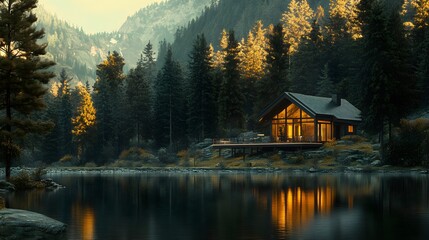 Poster - A luxury cabin by the river with a surrounding forest, captured in vibrant detail and sharp focus. Cinematic Scene, 4k resolution, cinematic scene