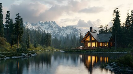 Poster - A luxury cabin by the river with a surrounding forest, captured in vibrant detail and sharp focus. Cinematic Scene, 4k resolution, cinematic scene