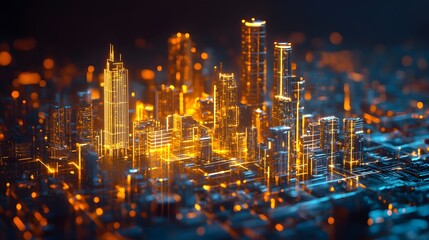 Aufkleber - An abstract digital city made of glowing polygons and fragmented neon shapes, symbolizing advanced technology and innovation. 4k resolution, cinematic scene
