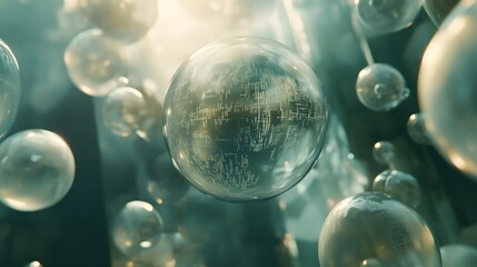 Aufkleber - A surreal space with floating, semi-transparent spheres filled with digital information, forming an abstract representation of knowledge. 4k resolution, cinematic scene