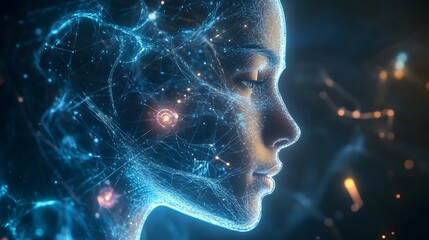 Poster - A dreamlike representation of a futuristic AI with intricate, floating holographic designs and swirling lines. 4k resolution, cinematic scene