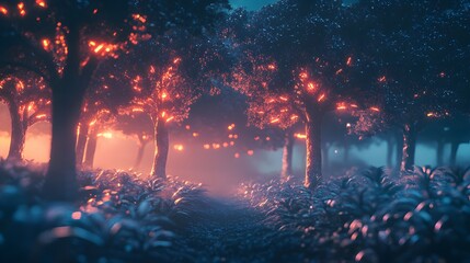 Poster - A sci-fi forest made of metallic, glowing plants under a dim neon sky, creating a surreal digital landscape. 4k resolution, cinematic scene