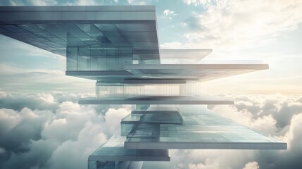 Poster - A futuristic building complex with transparent floors and layered platforms, under a surreal, cloudy sky. 4k resolution, cinematic scene