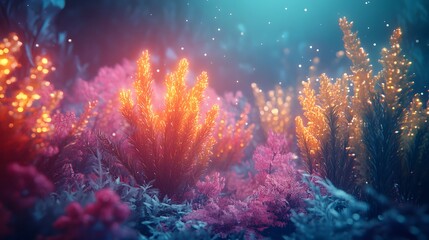 Poster - A sci-fi forest made of metallic, glowing plants under a dim neon sky, creating a surreal digital landscape. 4k resolution, cinematic scene