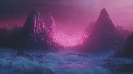 Poster - An ethereal sci-fi landscape featuring neon-lit mountains and floating particles in a vast digital realm. 4k resolution, cinematic scene